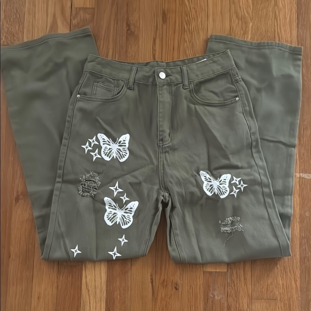 Women's Olive Embroidered Jeans